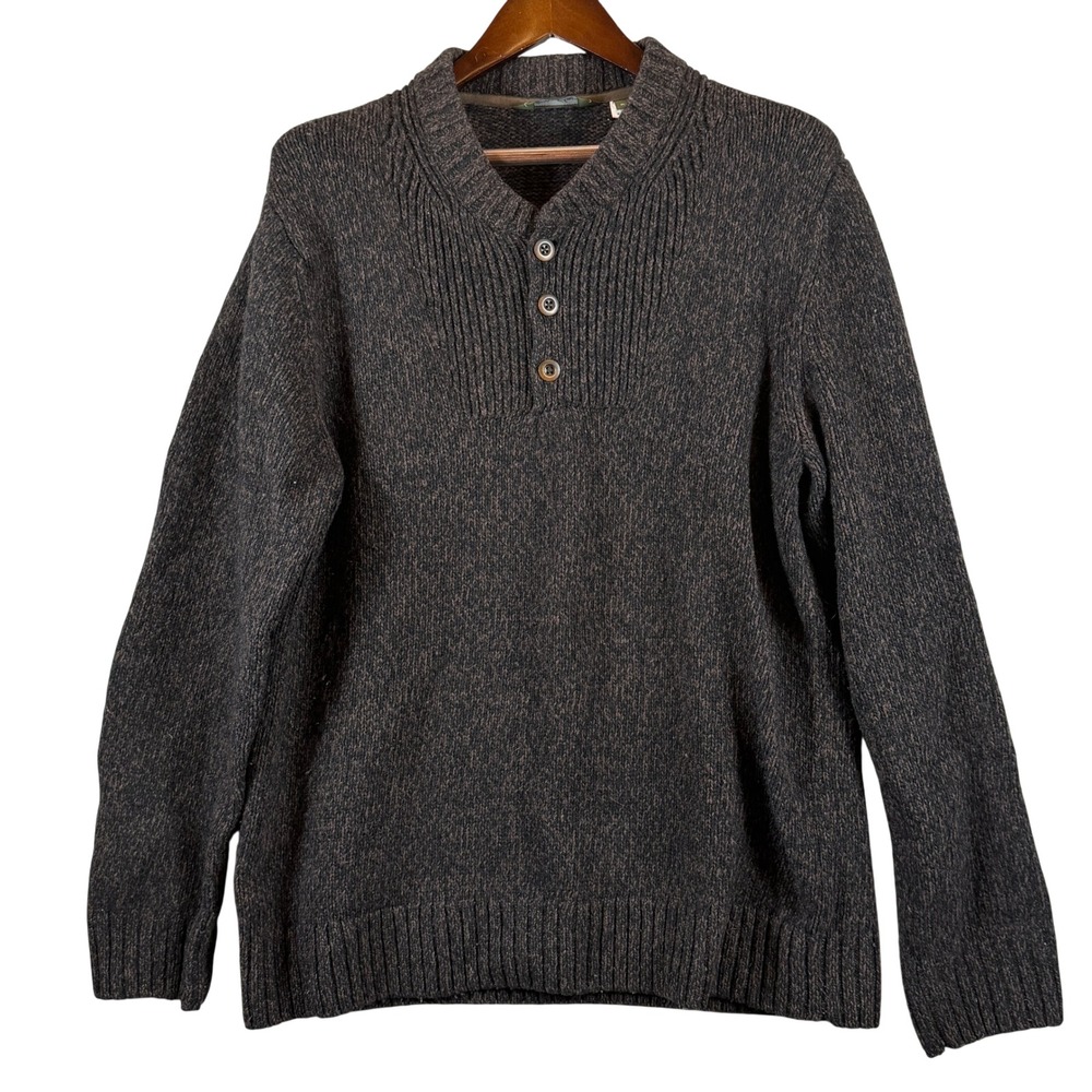 VINTAGE Eddie Bauer Mens XL Lambswool Blend Henley Sweater Brown Ribbed Knit